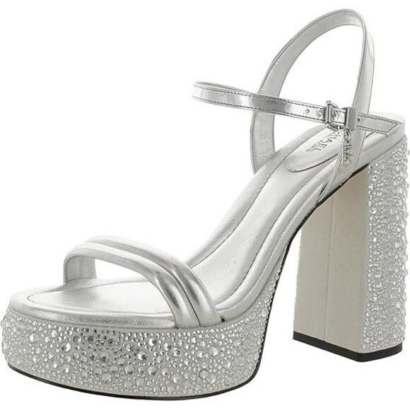 Michael Kors Women's Laci Leather Ankle Strap Platform Sandals, Silver, 11M - Picture 1 of 3